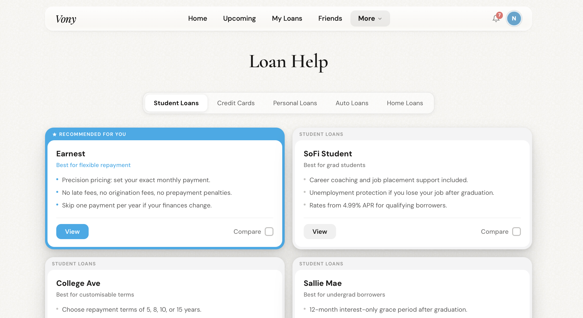 Vony Loan Help dashboard
