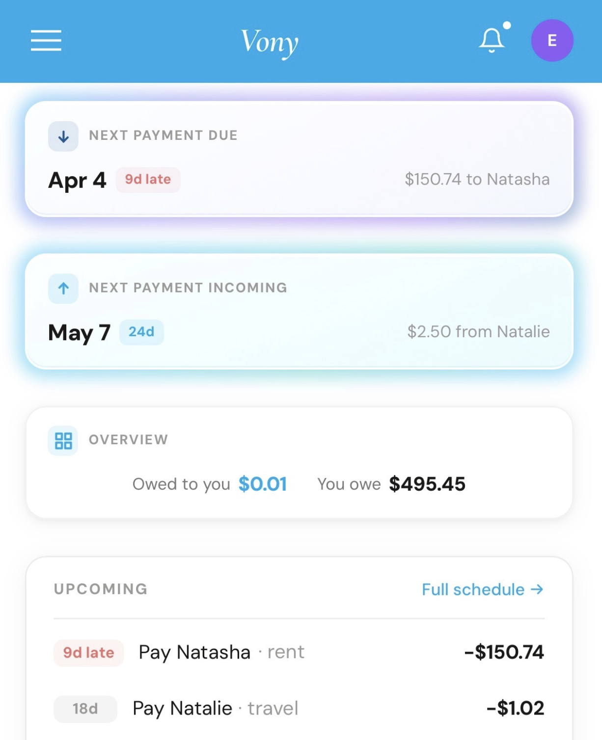 Vony mobile app dashboard